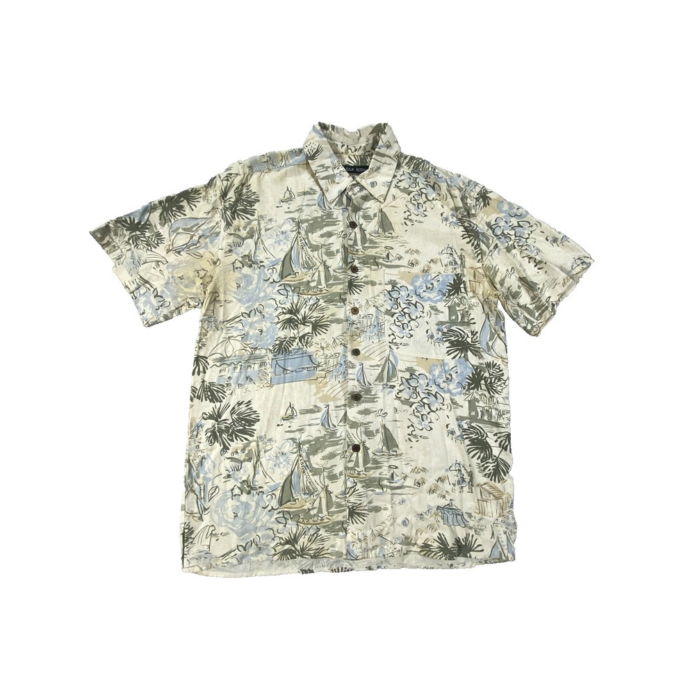 Silk Icon Shirt Mens Small Beige Silk Tropical Sailboat Palm Tree‎ Button Up